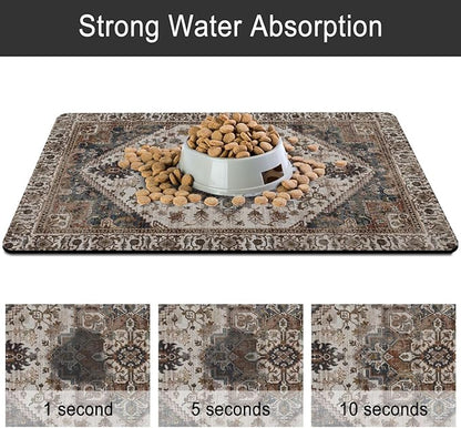 Dog Food Mats for Floors, Absorbent and Quick-Drying Pet Cat Food Mat,Anti-Fouling and Easy-to-Clean Pet Feeding Mat,Dog Bowl Mat for Messy Drinking Water Bowls.16 x24, Bohemia Style
