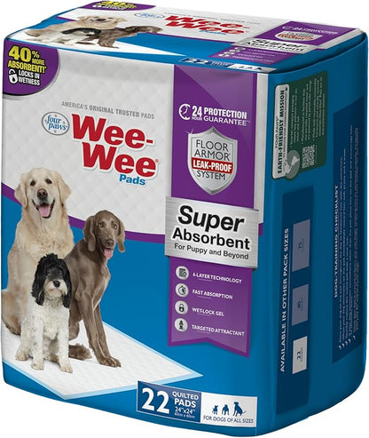 Four Paws Wee-Wee Super Absorbent Unscented Pee Pads for Dogs & Puppies with Insta-Rise Border, Leak-Proof Dog Housebreaking Potty Training Floor Protection, 24" x 24", 40 Count