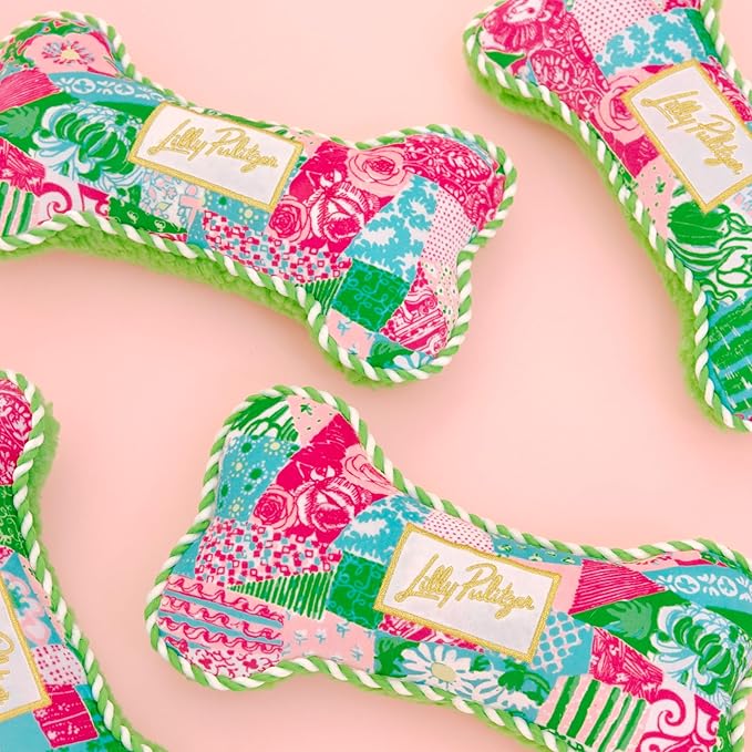 Lilly Pulitzer Dog Chew Toy, Bone Shaped Soft Plush with Fiber Fill, Double-Stitched Durability, Two-Way Squeaker, Embroidered Logo (Crazy Quilt Home)