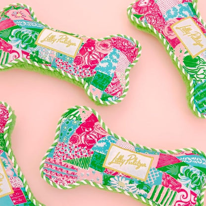 Lilly Pulitzer Dog Chew Toy, Bone Shaped Soft Plush with Fiber Fill, Double-Stitched Durability, Two-Way Squeaker, Embroidered Logo (Crazy Quilt Home)