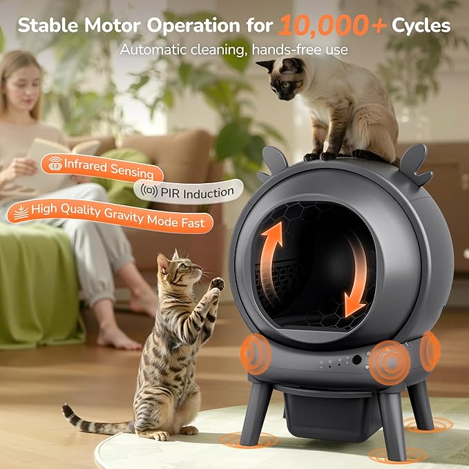 Automatic Self Cleaning Litter Box, Cat Litter Box with APP Control, 65L Globe & Dual Safety Sensors, Robot Litter Box, 1 Roll Garbage Bags and Litter Mat, <35DB, for Multiple Cats, Grey