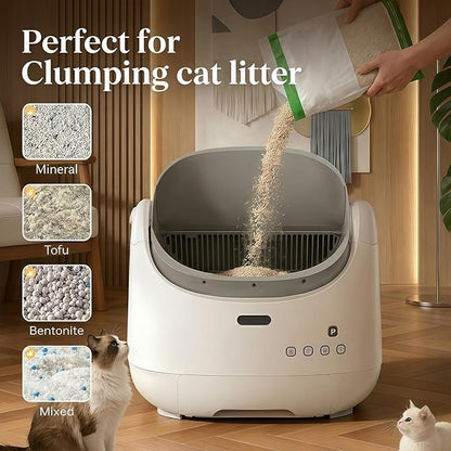 Self Cleaning Litter Box, Open Top Automatic Litter Box with Cat Proximity Sensing, Anti-Pinch 100L Large Auto Robot for Multiple Cats, Including Litter Mat Waste Bag