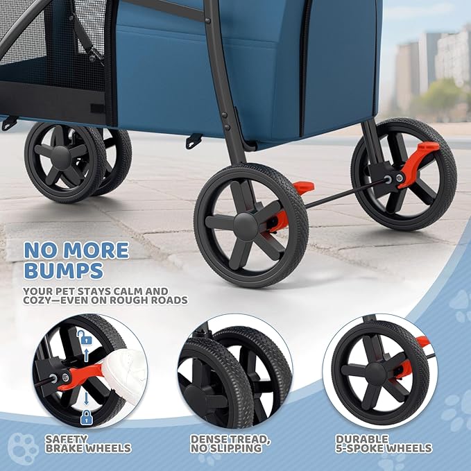 Magshion Double Dog Stroller with 2 Detachable Carrier Bags, 4-Wheel Folding Pet Travel Strolling Cart with Storage Pocket for Small-Medium Dogs & Cats Puppy, Navy Blue/Yellow