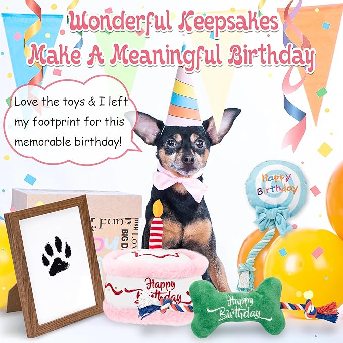 7Pcs Dog Birthday Toys Gifts, No-Mess Paw Print Keepsake Kit with Squeaky Dog Cake Toy, Plush Crinkle Toy, Pet-Safe Ink Pad & Photo Frame for Small Medium Dogs