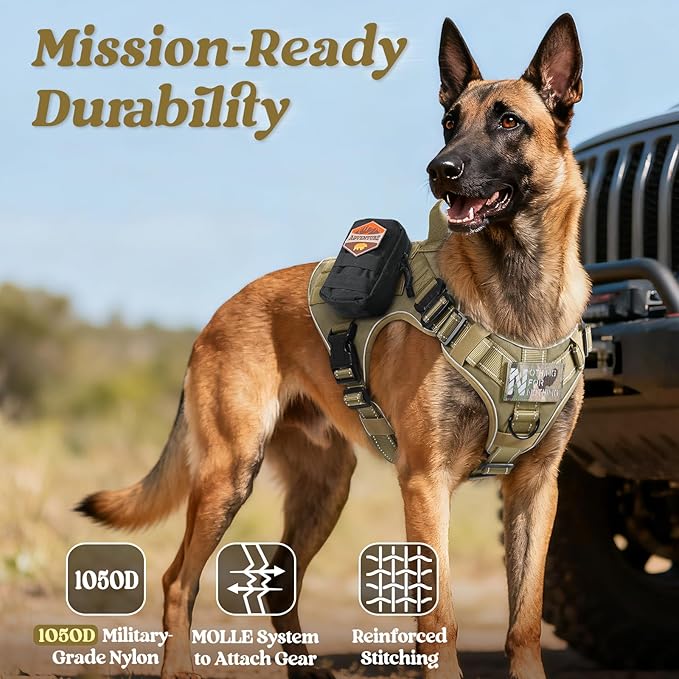 rabbitgoo Tactical Dog Harness for Large Dogs, No Pull Upgraded Reflective Heavy Duty Molle Vest with Handle, Adjustable Military Service Dog Vest for Walking Hiking Training, Brown, XL