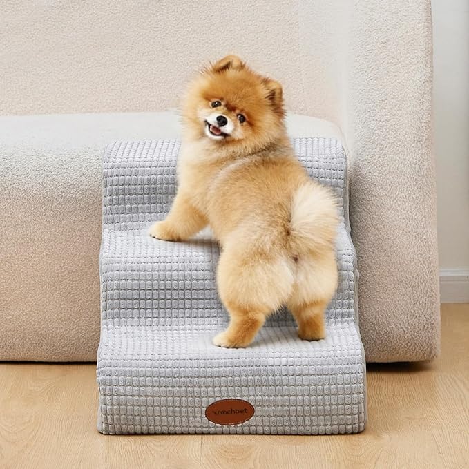 Woochpet Dog Stairs for Small Dogs, 15.7”H Ramp 3 Tier Wider Curved Pet Stairs for Couch and Beds，Weighted Base Plate Indoor Dog Steps with Non-Slip Bottom and Washable Cover for Old Cats