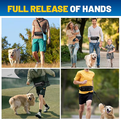 Hands Free Dog Leash with Pouch,Adjustable Waist Dog Running Leash for Large Medium Dogs,Dual Padded Handles and Retractable Bungee for Walking Jogging Training Hiking