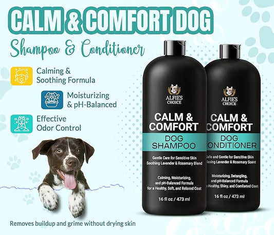 ALFIE'S CHOICE Dog Shampoo for Dry Itchy Skin | Calm & Comfort Shampoo and Conditioner Set | 16 fl oz Each | Lavender, Rosemary & Vitamin E | for Sensitive Skin & All Breeds | Made in USA
