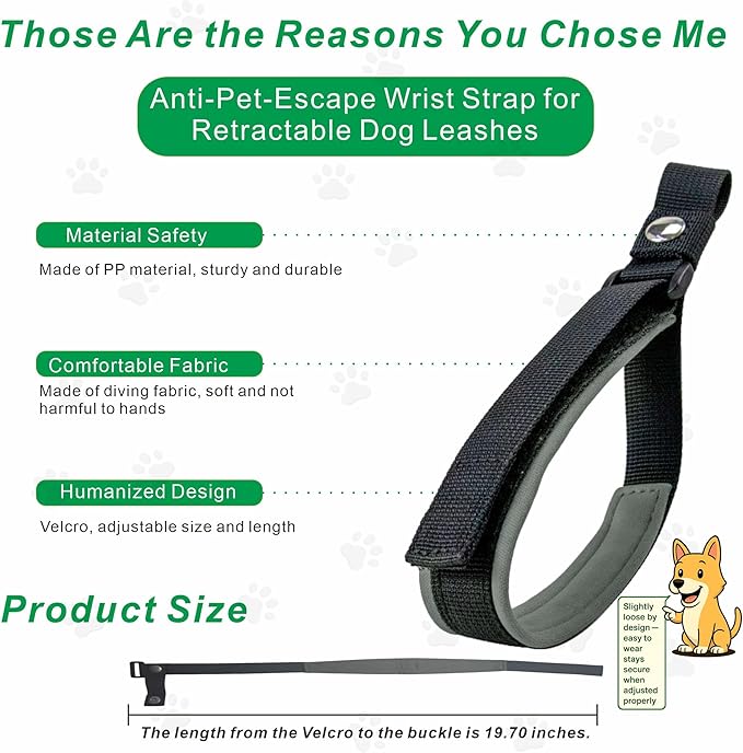 Wrist Strap for Retractable Dog Leash – Adjustable Safety Band with Soft Neoprene Lining and Lockable Hook for Short-Distance Control，Space Gray
