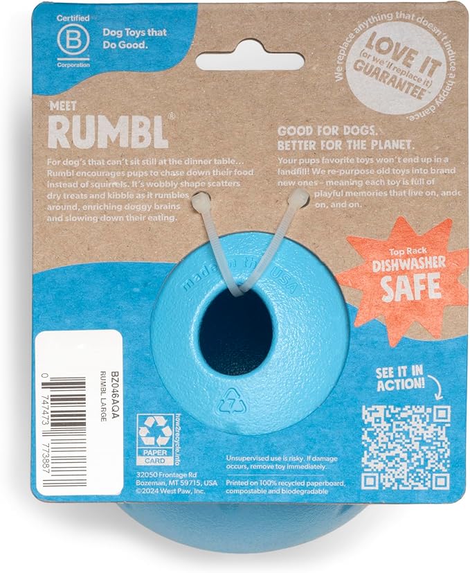 WEST PAW Zogoflex Rumbl Treat-Dispensing Dog Toy – Interactive Slow-Feeder Chew – Enrichment Toy Moderate Chewers, Fetch, Catch – Holds Kibble, (Aqua Blue, Large)