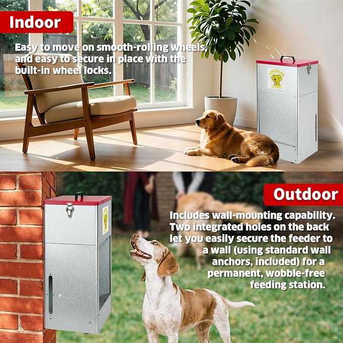 Automatic Dog Feeder with Wheels, 25lb Heavy Duty Galvanized Steel Gravity Food Dispenser - Easy to Move Rolling Pet Food Station for Indoor & Outdoor Use