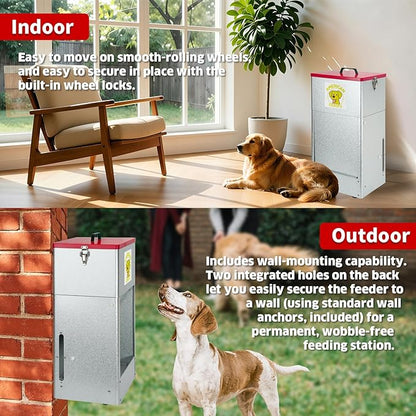 Automatic Dog Feeder with Wheels, 25lb Heavy Duty Galvanized Steel Gravity Food Dispenser - Easy to Move Rolling Pet Food Station for Indoor & Outdoor Use