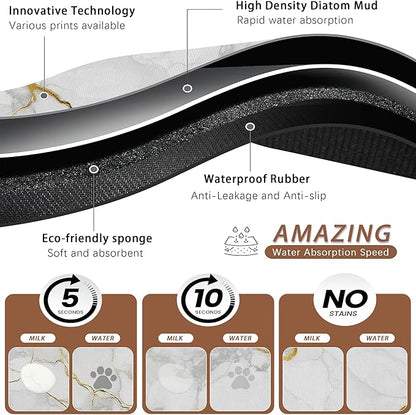 Marble Dog Food Mat for Floors,White Gold Marble Absorbent Quick-Dry Pet Feeding Mat,Cat Dog Bowl Mats for Food and Water,Non-Slip Pet Accessories Supplies 16"x24"