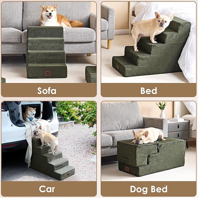 EHEYCIGA Dog Stairs for Bed 18" H, 4-Step Dog Steps for High Bed, Pet Steps for Small Dogs and Cats, Non-Slip Balanced Pet Ramp Indoor, Military Green