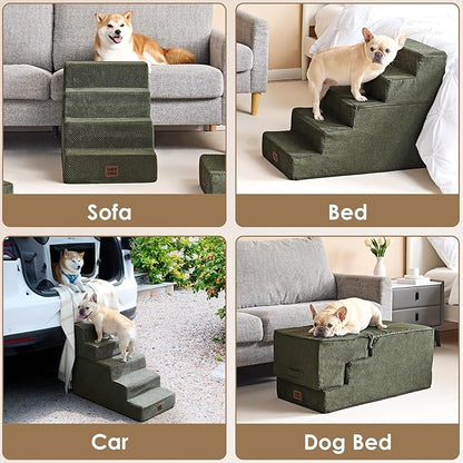 EHEYCIGA Dog Stairs for Bed 18" H, 4-Step Dog Steps for High Bed, Pet Steps for Small Dogs and Cats, Non-Slip Balanced Pet Ramp Indoor, Military Green