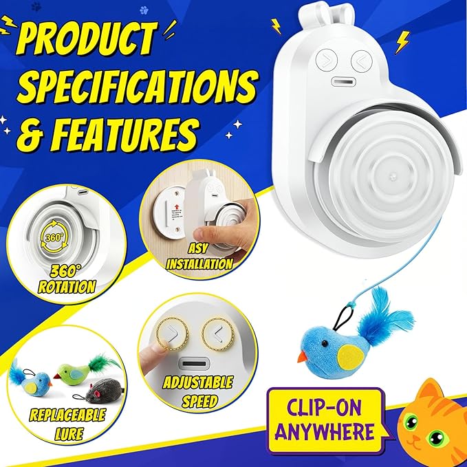 Interactive Cat Toys for Indoor Cats - Automatic Flying Bird Feather & Mouse Wand Enrichment Toy, Hands-Free or Handheld USB-Rechargeable Safe Play Chase Exercise for Bored Kittens and Adult Cats