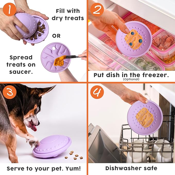 Awoo Flying Saucer Toy - 3-in-1 Silicone Dog Treat Puzzle, Lick Mat and Slow Feeder - for Wet and Dry Food - Dishwasher Safe Pet Toy - Enrichment Game for Dogs up to 30 lbs - Small (Lavender)