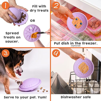 Awoo Flying Saucer Toy - 3-in-1 Silicone Dog Treat Puzzle, Lick Mat and Slow Feeder - for Wet and Dry Food - Dishwasher Safe Pet Toy - Enrichment Game for Dogs up to 30 lbs - Small (Lavender)