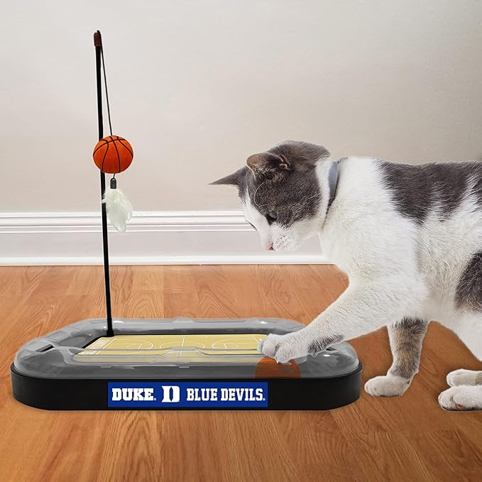 CATS SCRATCHER NCAA Duke University Basketball Court CAT Scratcher Toy with Catnip Filled Plush Basketball Toy & Feather Cat Toy Hanging, with Jingle Bell Interactive Ball Cat Chasing 5-in-1 Kitty Toy