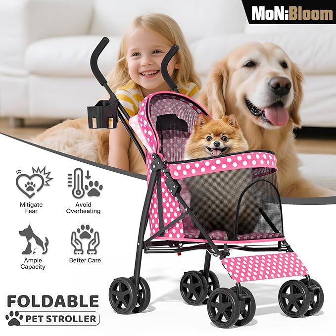 MoNiBloom 4 Wheels Pet Stroller, Easy-Fold Umbrella Shaped Dog Cat Jogger Stroller w/Storage Bag & Visible Mesh for Small/Medium Dogs Cats Hot Pink Polka Dots