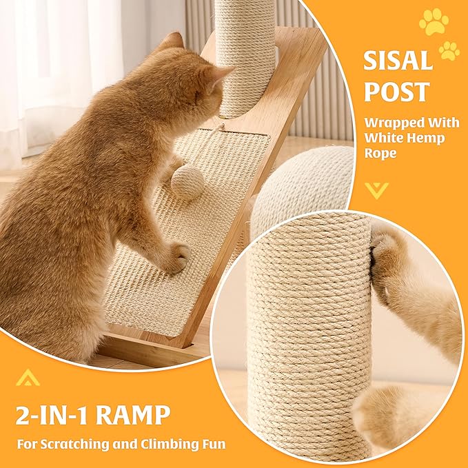 HITTITE Solid Wood Cat Tree Tower with Scratching Post, 36.6 Inches Tall Cat Towers with Scratching Board and Scratcher Ball, Modern Cat Tower With Space Capsule and Hand-Woven Basket for Indoor Cats.