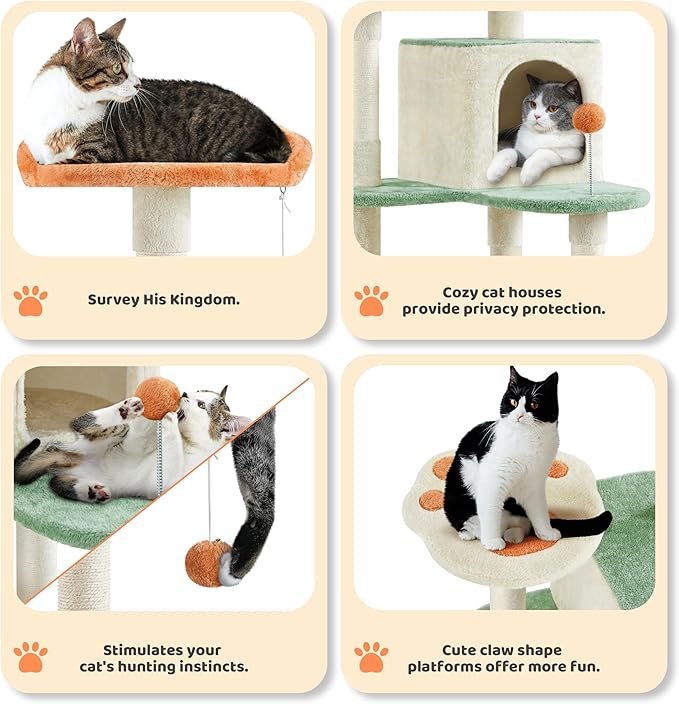Yaheetech 65in Cat Tree, Cat Tower with Heart-Shaped Platform, Hanging Ball, Double Condos, Scratching Posts for Indoor Cats, Cat Climbing Frame Bed Furniture, Beige & Green & Orange