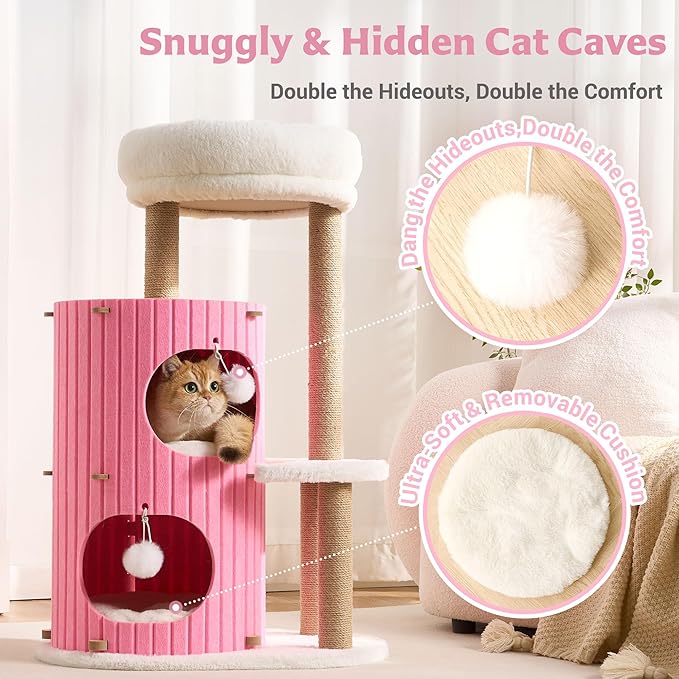 Modern Cat Tree for Indoor Cats Large Adult, 36in H Cat Tree Tower with Scratching Posts, Cozy Cat Bed Cave, Washable Cushions, Dangling Balls, Play&Nap Cat House Condo for All Breeds, Pink