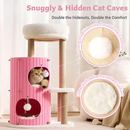 Modern Cat Tree for Indoor Cats Large Adult, 36in H Cat Tree Tower with Scratching Posts, Cozy Cat Bed Cave, Washable Cushions, Dangling Balls, Play&Nap Cat House Condo for All Breeds, Pink
