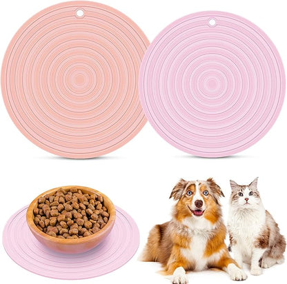 2 Pieces Silicone Pet Food Mat Pet Feeding Mat for Dog and Cat Food Bowl Placemat Preventing Food and Water Overflow Suitable for Medium and Small Pet, 9.5 x 9.5 Inch and 7.1 x 7.1 Inch (Pink)