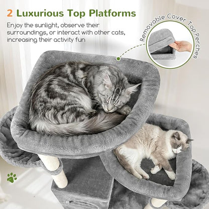 Globlazer Cat Tree Tower for Indoor Cats, Sturdy Adult Cat Tree House for Large Adult Cats with 2 Platform, 6 Cat Scratching Post, 2 Cat Caves, Dangling Toys, S63, 63 inch, Light Grey