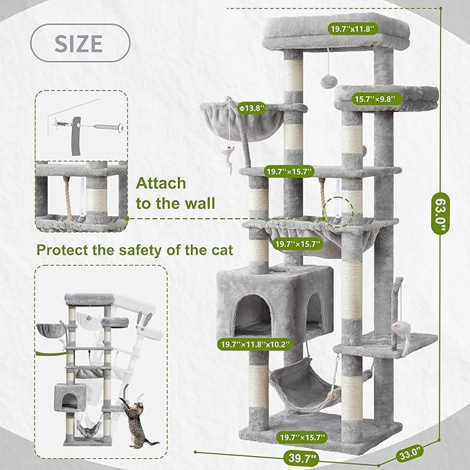 Cat Tree, Cat Tower for Large Cats with 2 Big Platforms, 2 Baskets, condo and Toys, 63" Cat Scratching Posts for Indoor Cats, Light Gray GCT020W
