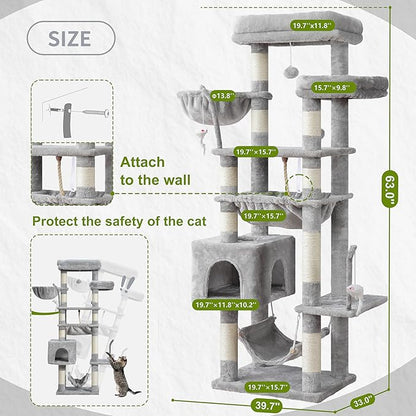 Cat Tree, Cat Tower for Large Cats with 2 Big Platforms, 2 Baskets, condo and Toys, 63" Cat Scratching Posts for Indoor Cats, Light Gray GCT020W