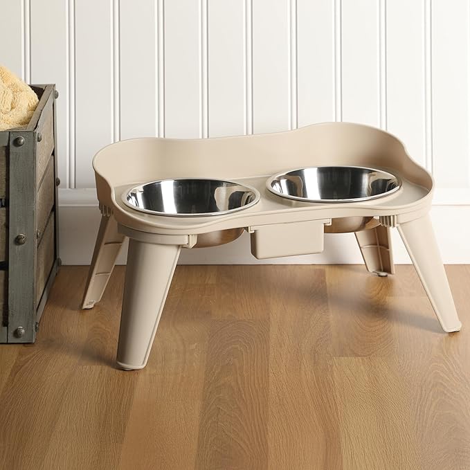 Gibson Home Wags N’ Whiskers 3 Piece Elevated Pet Bowl Set, 12oz Stainless Steel Dog & Cat Bowl with PP Stand, Non-Slip Raised Feeder, Food & Water Station, Dishwasher Safe, Taupe