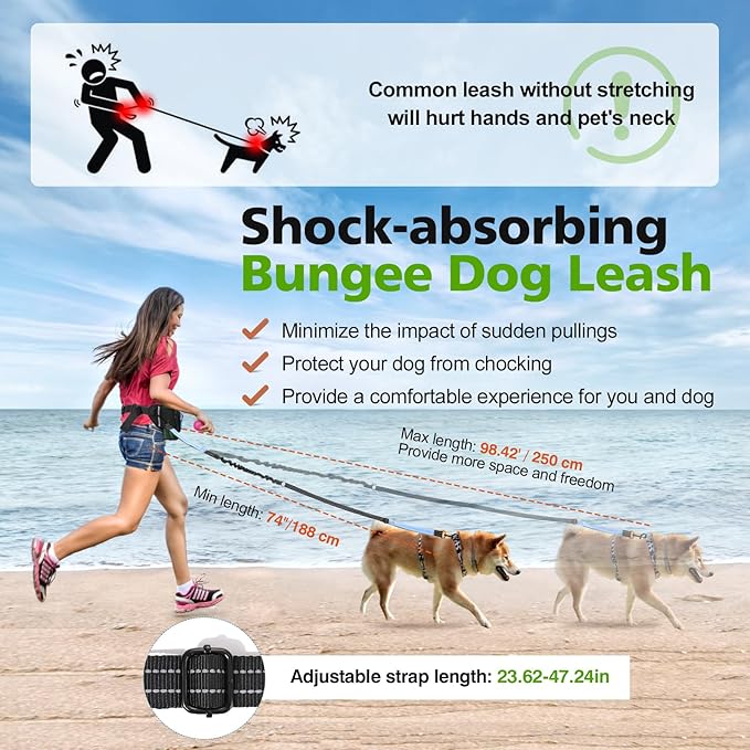 Hands Free Dog Leash, Adjustable Waist Leash for Walking with Dual Bungees Padded Handle, Shock Absorbing Hands Free Belt for Small Medium-Sized Dogs Outdoor Activities, Black+Blue