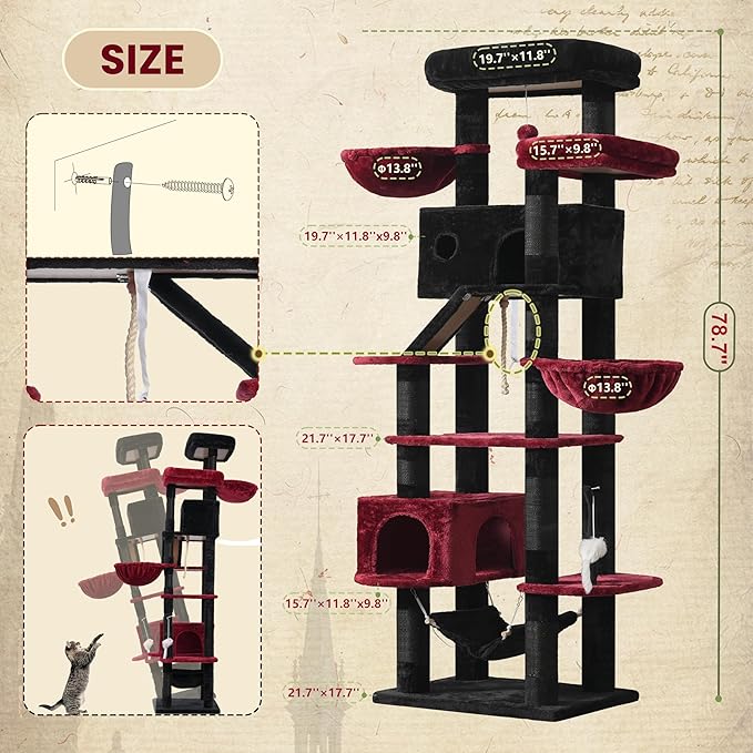 Gothic Cat Tree for Large Cats, 78.7"(200cm) Tall Cat Tower for Indoor Cats Multiple Cats with Large Top Perch, Cat Condo, Cat Hammcok, Cat Scratching Post, Black and Red GCT031BR