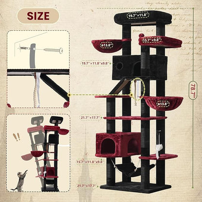 Gothic Cat Tree for Large Cats, 78.7"(200cm) Tall Cat Tower for Indoor Cats Multiple Cats with Large Top Perch, Cat Condo, Cat Hammcok, Cat Scratching Post, Black and Red GCT031BR