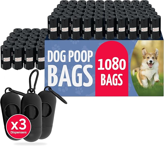 Reli. Dog Poop Bags Rolls (1080 Pack, 72 Rolls) | 9"x13" Poop Bags for Dogs | Unscented, Leak Proof for Doggie/Pet Waste Clean Up | Black | 3 Leash Clip Holders Included | Bulk