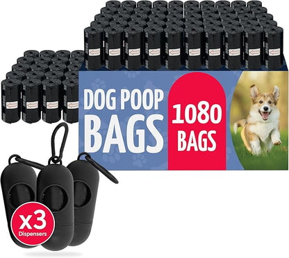 Reli. Dog Poop Bags Rolls (1080 Pack, 72 Rolls) | 9"x13" Poop Bags for Dogs | Unscented, Leak Proof for Doggie/Pet Waste Clean Up | Black | 3 Leash Clip Holders Included | Bulk