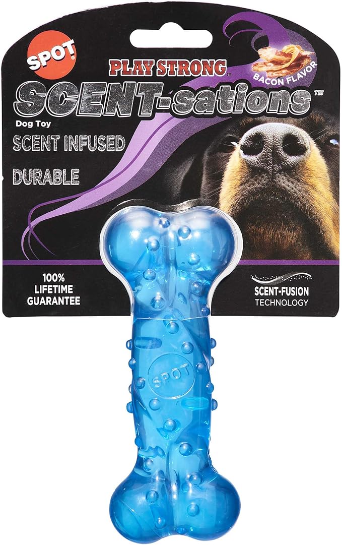 SPOT Play Strong Scent-sations Bone - Scent-Infused, Strong, Durable TPR Rubber, Heavy Duty Dog Toys for Aggressive Chewers up to 45lbs, Perfect for Small & Medium Breeds, 5in, Bacon Flavored