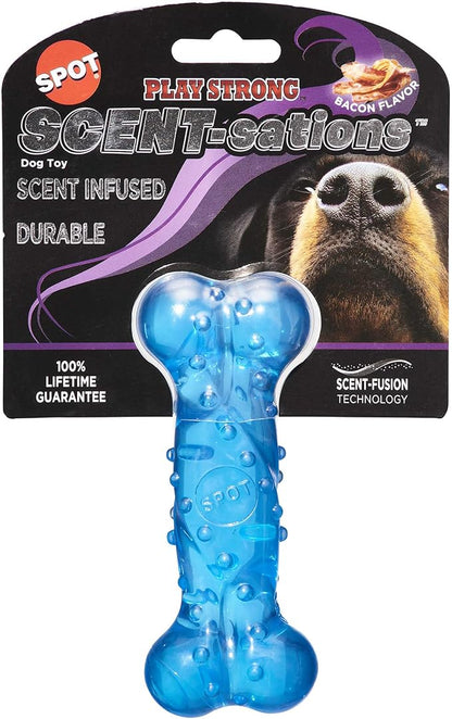 SPOT Play Strong Scent-sations Bone - Scent-Infused, Strong, Durable TPR Rubber, Heavy Duty Dog Toys for Aggressive Chewers up to 45lbs, Perfect for Small & Medium Breeds, 5in, Bacon Flavored