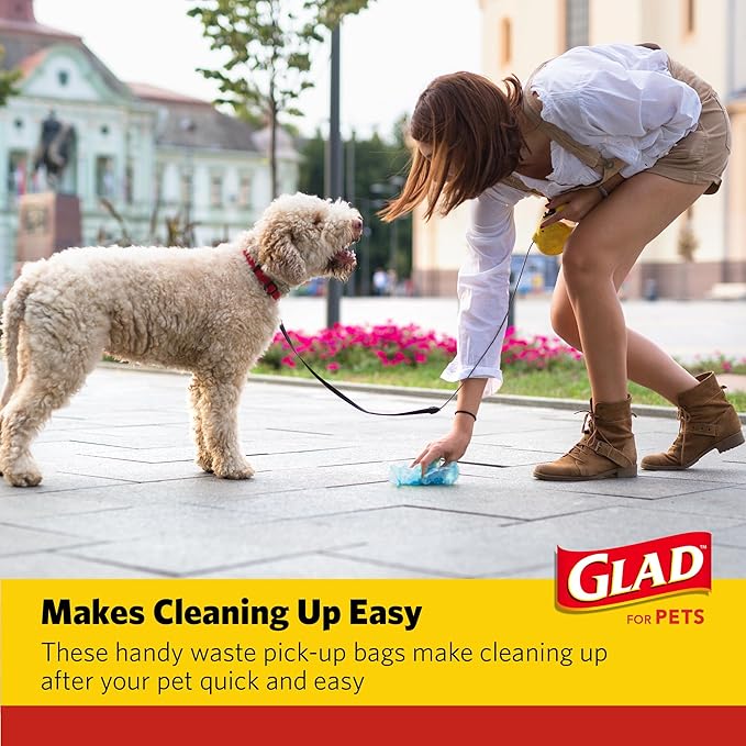 Glad for Pets Scented Waste Bags, Tear Resistant Pet Poop Pick-up Bags with Leak Protection, Lemon Scent, Multicolor Designs, 6 rolls, 90 bags total