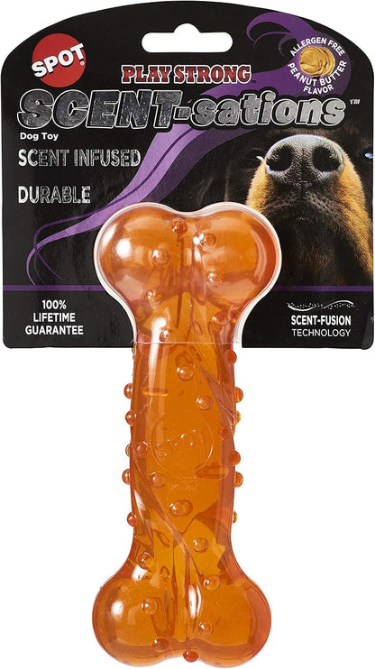 SPOT Play Strong Scent-sations Bone- Scent-Infused, Strong, Durable TPR Rubber, Heavy Duty Dog Toys for Aggressive Chewers up to 45lbs, Great for Puppies & Medium Breeds, 6in, Peanut Butter Flavored