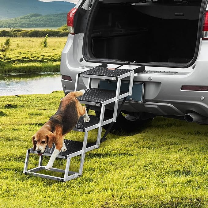 VEVOR 4-Step Dog Car Steps, Folding Dog Ramp with Nonslip Surface, Portable Pet Steps in Aluminum for Car, SUV and Truck, Supports up to 250 lbs