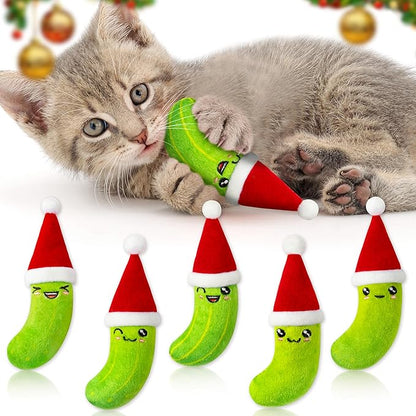 MALLMALL6 Catnip Toys for Cat - 5Pcs Christmas Pickle Catmint Interactive Cat Toy for Indoor Cats, Soft Santa Hat Kitten Supplies, Kitten Teething Chew Toy Set, Pet Xmas Gifts for Kitty Lover