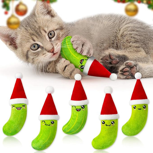 MALLMALL6 Catnip Toys for Cat - 5Pcs Christmas Pickle Catmint Interactive Cat Toy for Indoor Cats, Soft Santa Hat Kitten Supplies, Kitten Teething Chew Toy Set, Pet Xmas Gifts for Kitty Lover