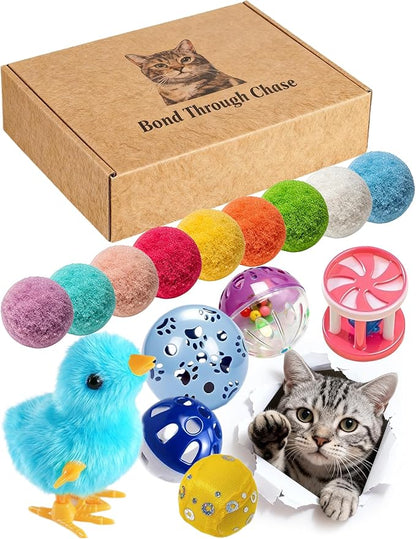 15 Pack Cat Toys Balls Indoor Kitten Play Set with Bell Balls Plush Balls and Wind Up Chicken for Interactive Exercise and Entertainment (1.5'' - 3.7'')