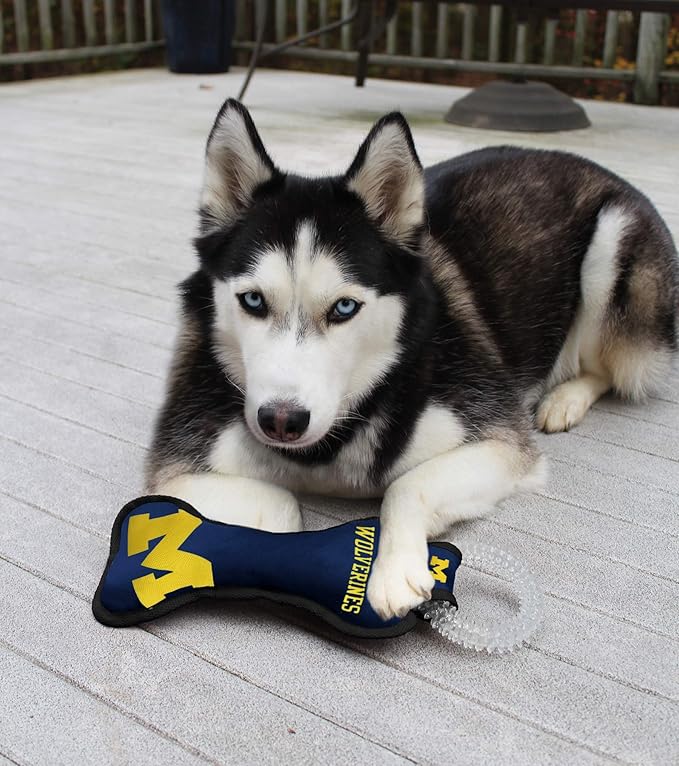 Pets First NCAA Michigan Wolverines Dental Dog TUG Toy with Squeaker. Tough PET Toy for Healthy Fun, Teething & Cleaning Pets Teeth & Gum