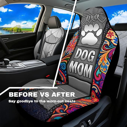 Dog Mom Paw Car Seat Covers for Truck Sedan SUV 2 Pack Waterproof Automotive Seat Covers Boho Flowers Removable Auto Accessories Interior Decor