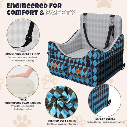 Dog Car Seat for Small/Medium Dogs up to 35lbs, 4-Pocket Storage Memory Foam Dog Booster Seat, Detachable Washable Pet Car Seat with Safety Belt, Outdoor & Indoor Use (Light Blue/Coffee)
