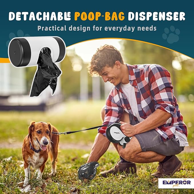 Emperor Pets 26 ft Retractable Dog Leash White - Heavy Duty Retractable Pet Leash with Anti-Slip Grip for Medium to Large Dogs up to 110 lbs -Aura BW26